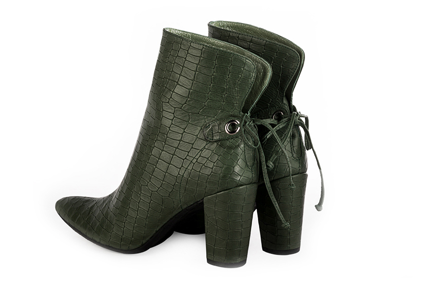 Forest green women's ankle boots with laces at the back. Tapered toe. High block heels. Rear view - Florence KOOIJMAN